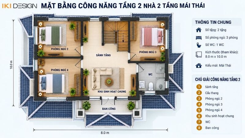 Bản vẽ mặt bằng công năng tầng 2 nhà 2 tầng mái Thái Bản vẽ mặt bằng công năng tầng 2 nhà 2 tầng mái Thái