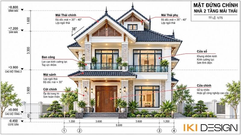 Bản vẽ mặt đứng chính thể hiện độ dốc và các lớp mái Thái Bản vẽ mặt đứng chính thể hiện độ dốc và các lớp mái Thái