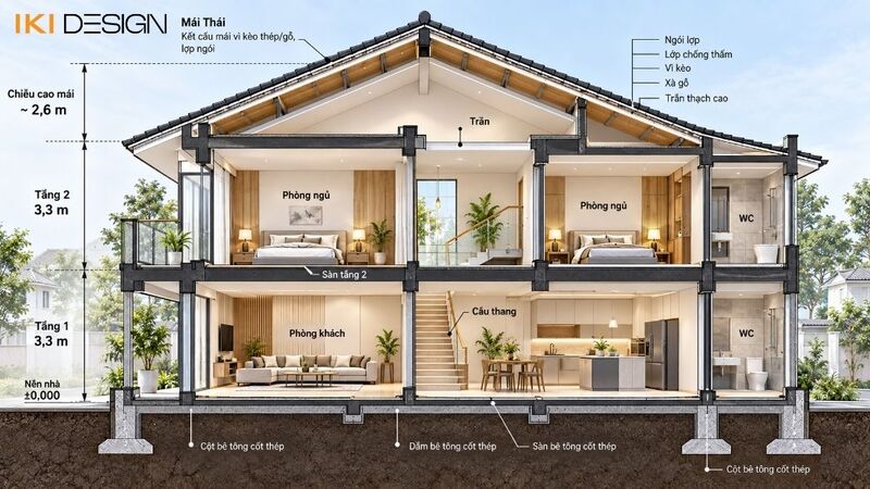Bản vẽ mặt cắt ngang nhà, thể hiện chiều cao tầng và kết cấu mái Bản vẽ mặt cắt ngang nhà, thể hiện chiều cao tầng và kết cấu mái