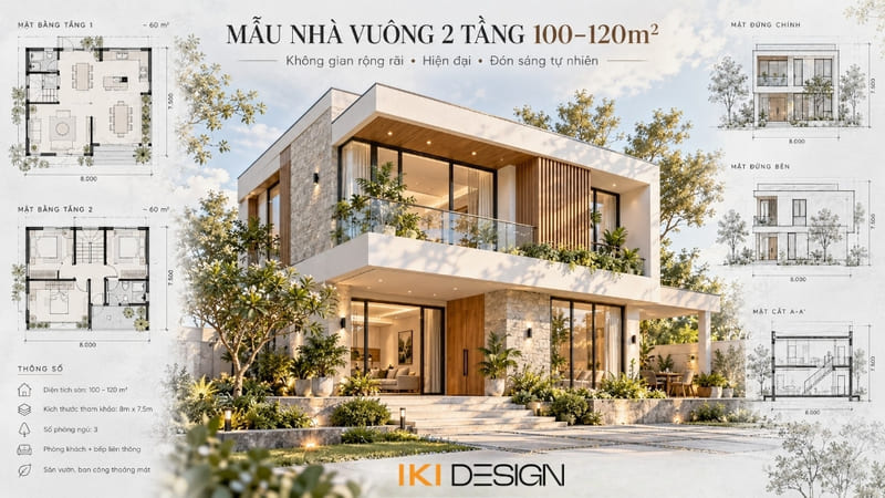 Mẫu nhà vuông 2 tầng 100 – 120m²