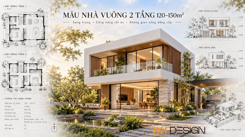 Mẫu nhà vuông 2 tầng 120 – 150m²