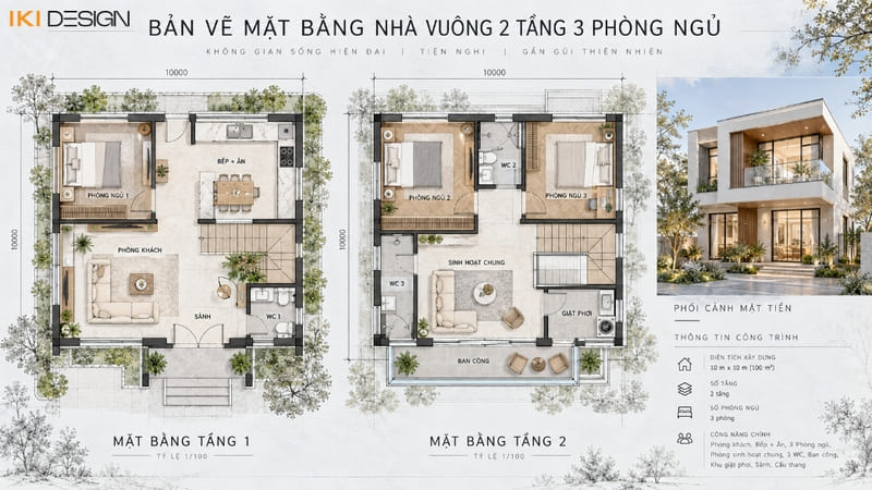 Bản vẽ nhà vuông 2 tầng 3 phòng ngủ