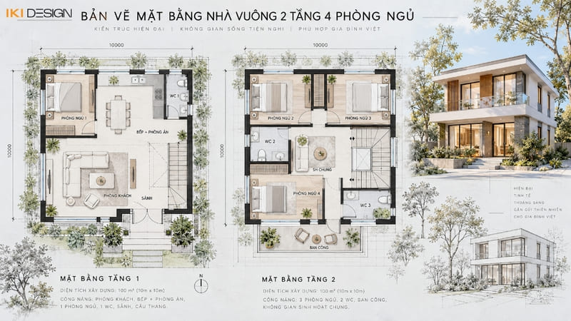 Bản vẽ nhà vuông 2 tầng 4 phòng ngủ