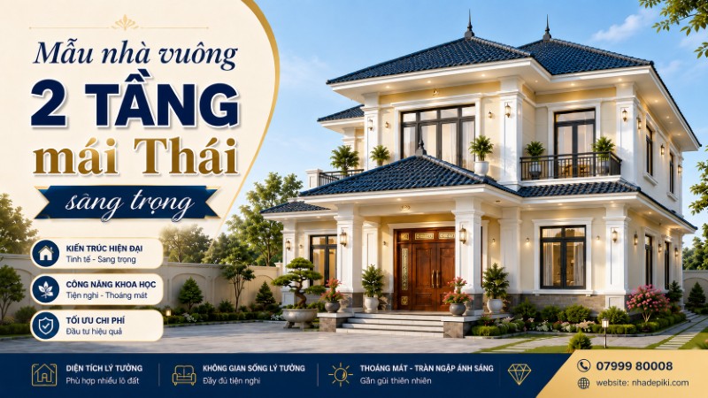 Nhà vuông 2 tầng mái Thái với phong cách sang trọng