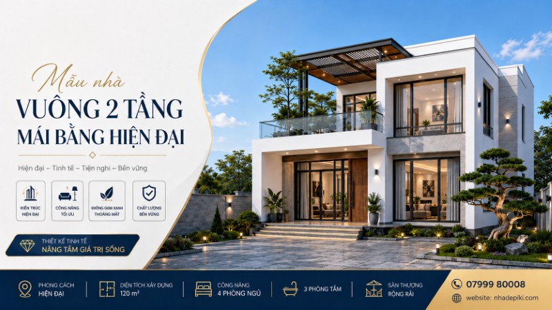 Mẫu nhà vuông 2 tầng mái bằng với phong cách tối giản 