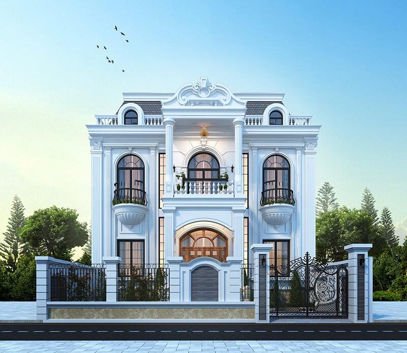 Mẫu nhà vuông 2 tầng phong cách tân cổ điển