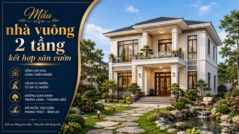 Mẫu nhà vuông 2 tầng kết hợp sân vườn xanh mát xung quanh