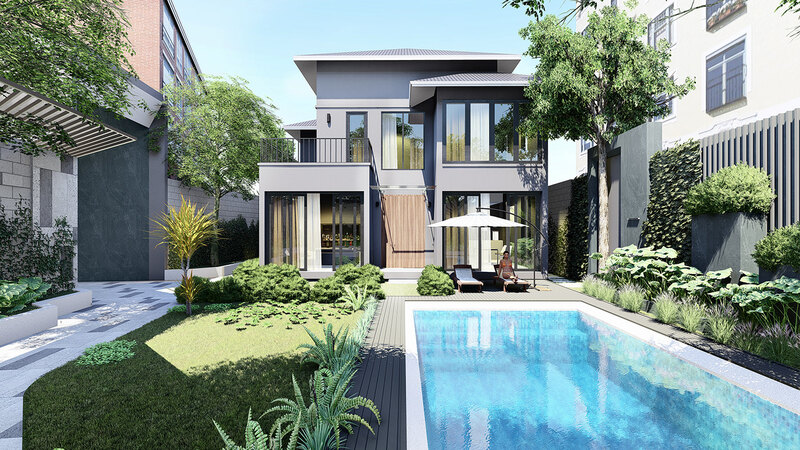 Mẫu nhà vuông 2 tầng có sân vườn