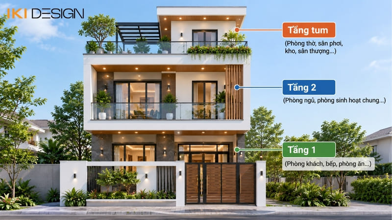 Mẫu nhà vuông 2 tầng 1 tum