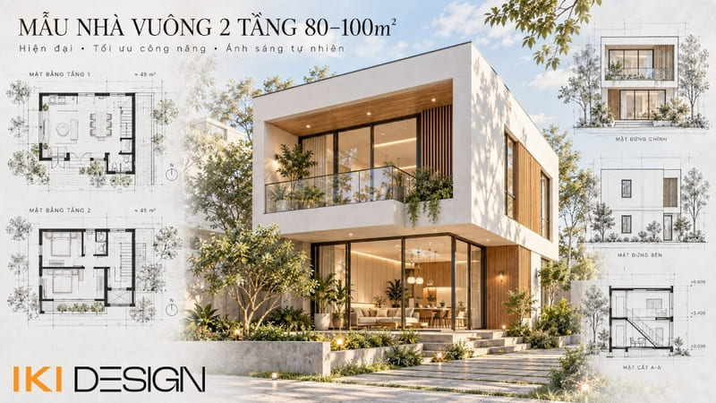 Mẫu nhà vuông 2 tầng 80 – 100m²