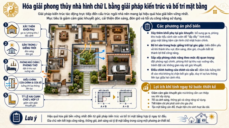 Hóa giải phong thủy nhà hình chữ L bằng giải pháp kiến trúc và bố trí mặt bằng Hóa giải phong thủy nhà hình chữ L bằng giải pháp kiến trúc và bố trí mặt bằng