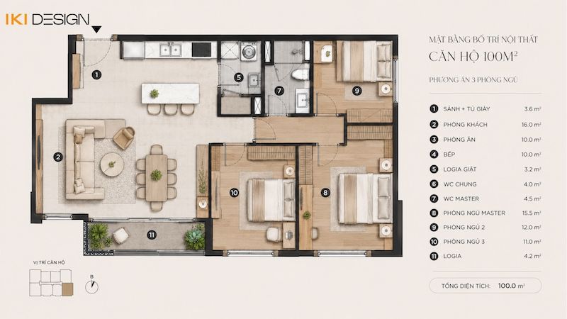 Mặt bằng bố trí nội thất chung cư 100m2 3 phòng ngủ