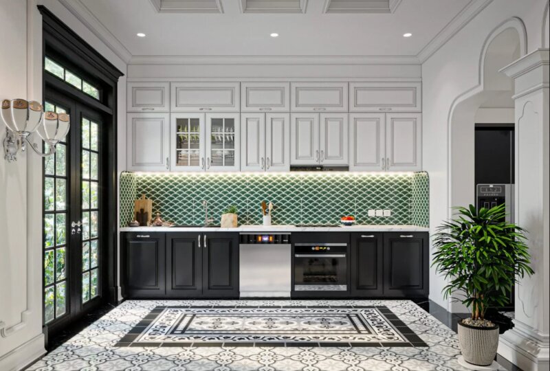 Backsplash gạch bông họa tiết hình học phong cách Indochine Backsplash gạch bông họa tiết hình học phong cách Indochine