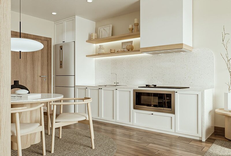 Phòng bếp Scandinavian tông trắng be với cửa sổ lớn Phòng bếp Scandinavian tông trắng be với cửa sổ lớn