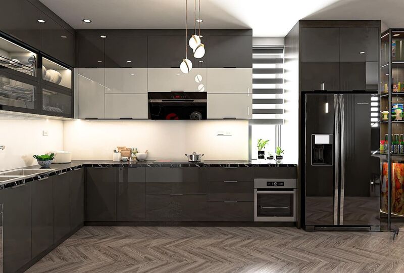 Tủ bếp hiện đại tông trắng đen kết hợp đèn thả Tủ bếp hiện đại tông trắng đen kết hợp đèn thả