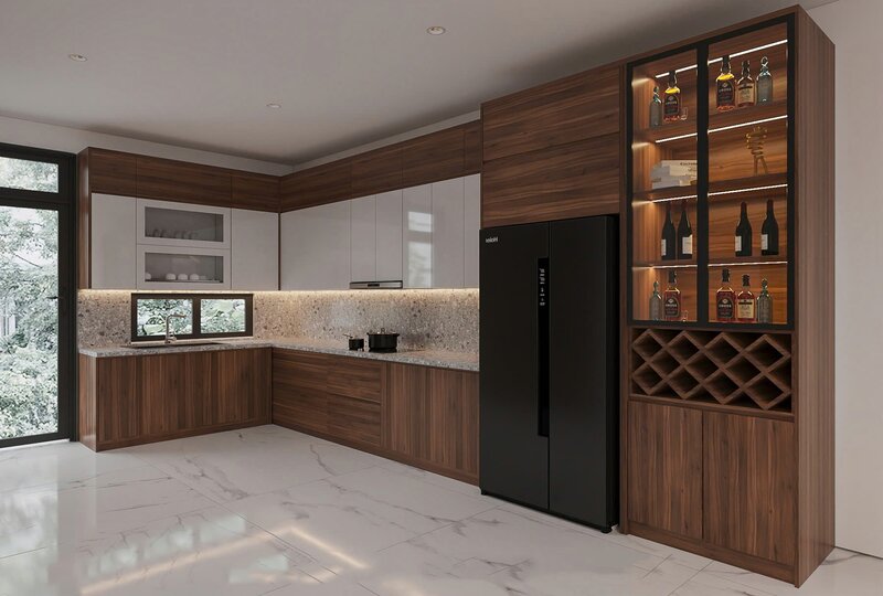 Chi tiết vân gỗ óc chó trên tủ bếp biệt thự Chi tiết vân gỗ óc chó trên tủ bếp biệt thự