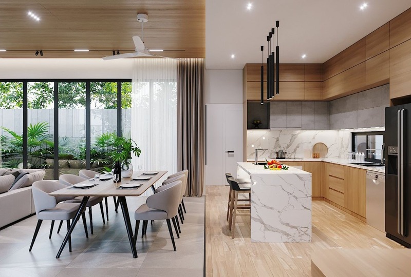 Góc bếp hiện đại nhìn từ phòng ăn liền kề Góc bếp hiện đại nhìn từ phòng ăn liền kề