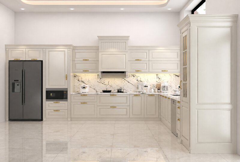 Phòng bếp tân cổ điển tủ trắng tay nắm mạ đồng Phòng bếp tân cổ điển tủ trắng tay nắm mạ đồng