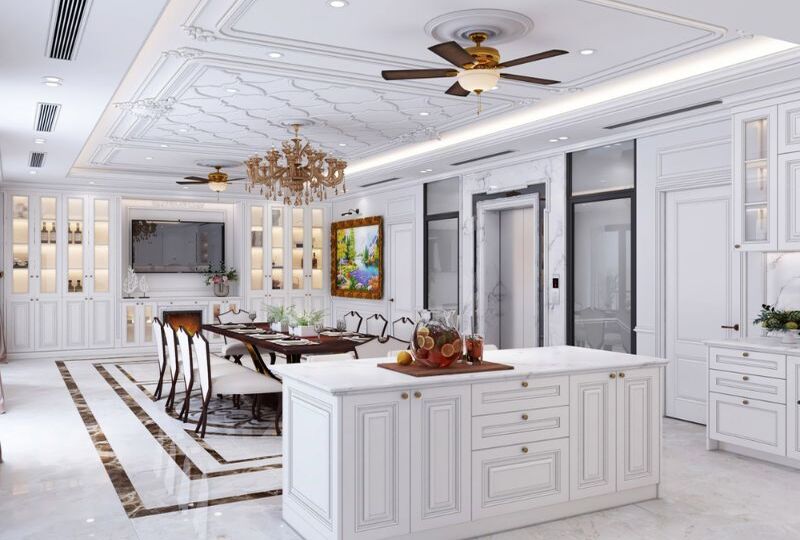 Trần bếp tân cổ điển có phào chỉ và đèn chùm Trần bếp tân cổ điển có phào chỉ và đèn chùm