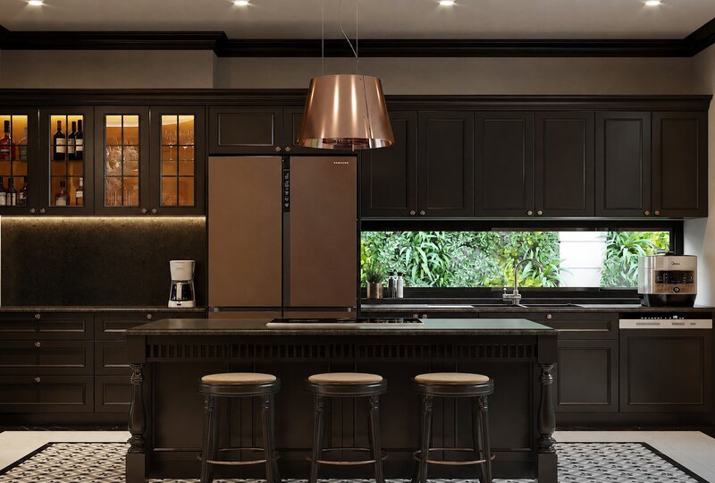 Phòng bếp Indochine với gạch bông và tủ gỗ nâu ấm Phòng bếp Indochine với gạch bông và tủ gỗ nâu ấm