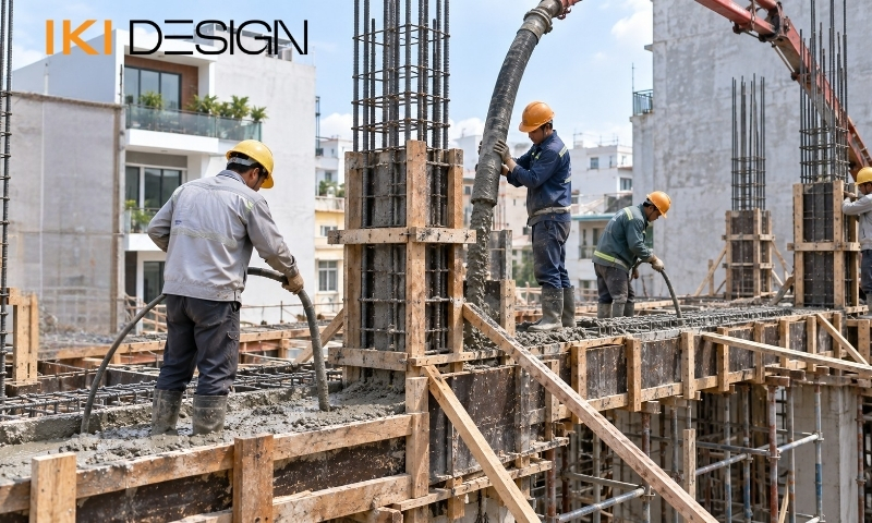 Thi công đổ bê tông cột và dầm mác M200, M250 cho nhà phố dân dụng