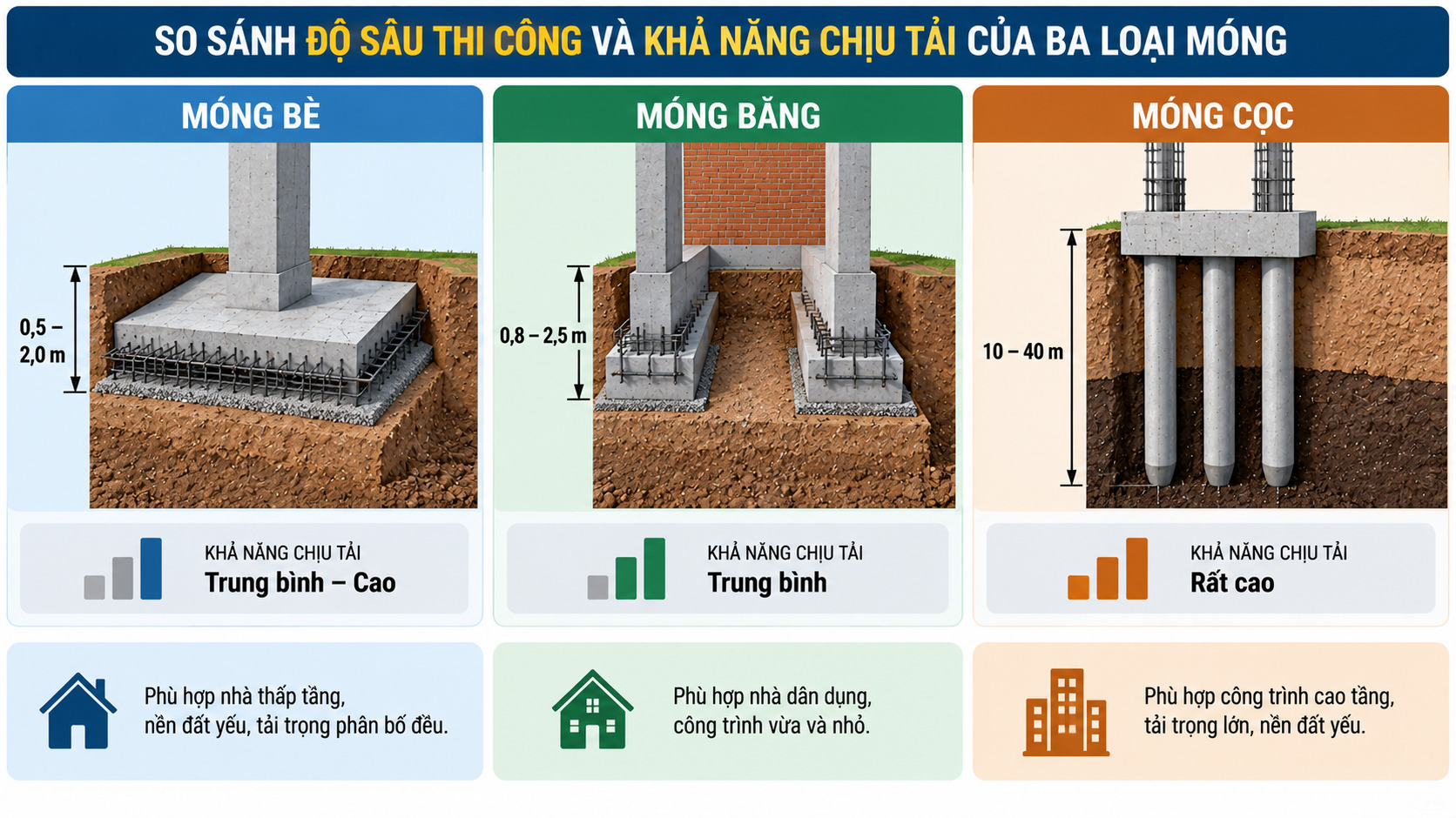 Infographic so sánh độ sâu thi công và khả năng chịu tải ba loại móng