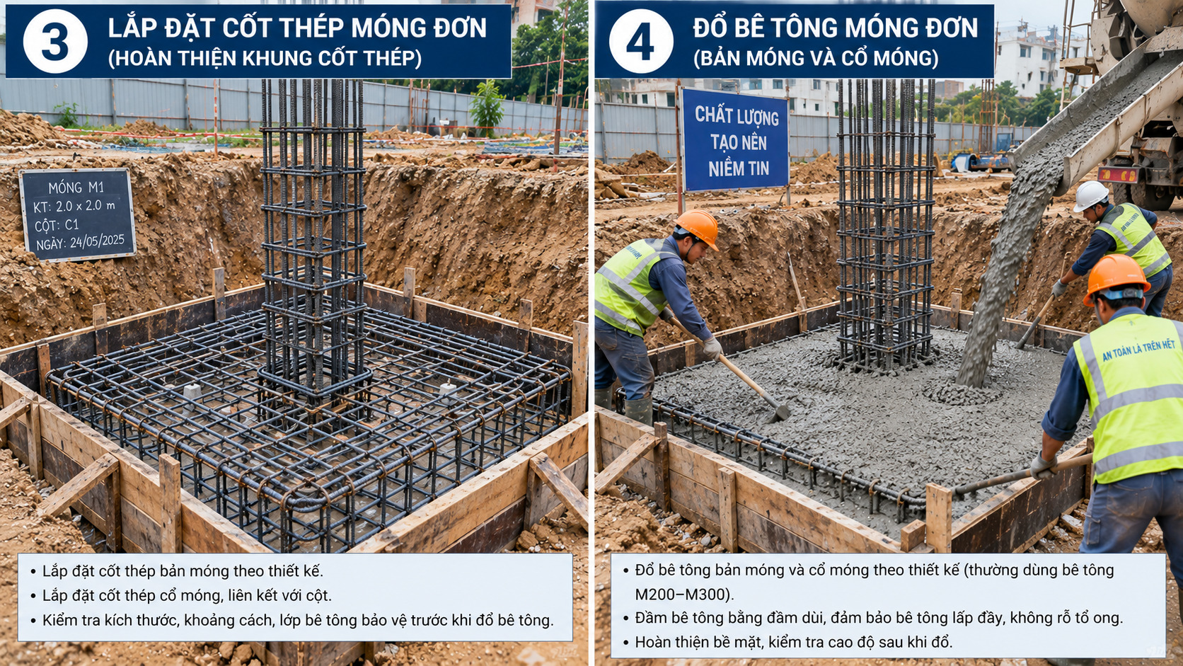 Lắp đặt cốt thép và đổ bê tông móng đơn
