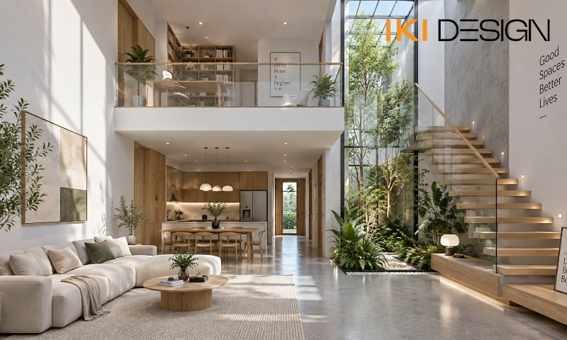Giếng trời cạnh tầng lửng nhà phố Giếng trời cạnh tầng lửng nhà phố – thiết kế nhà phố có tầng lửng