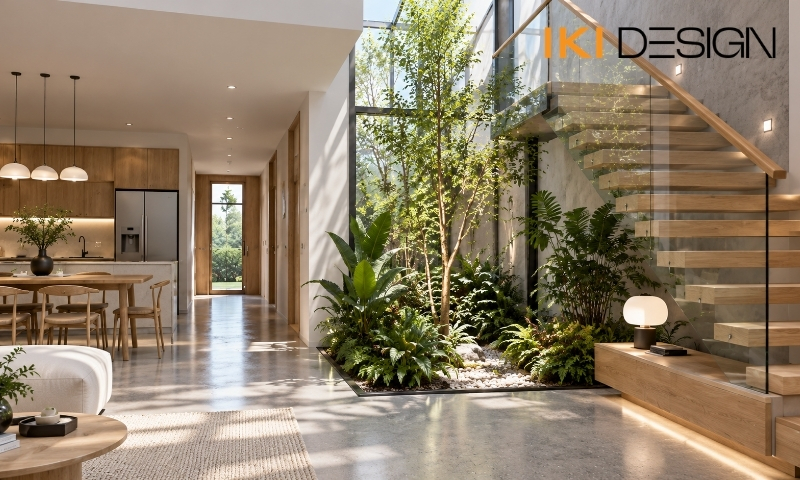 Tiểu cảnh cây xanh dưới giếng trời Tiểu cảnh cây xanh dưới giếng trời – thiết kế nhà phố có tầng lửng