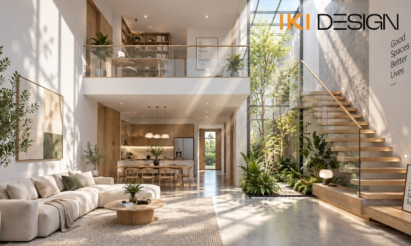Ánh sáng tự nhiên qua giếng trời các tầng Ánh sáng tự nhiên qua giếng trời các tầng – thiết kế nhà phố có tầng lửng