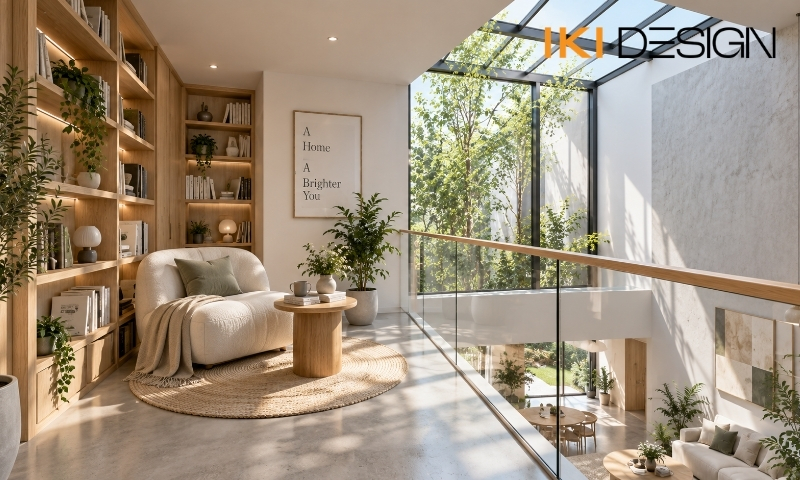 Góc đọc sách trên gác lửng cạnh giếng trời Góc đọc sách trên gác lửng cạnh giếng trời – thiết kế nhà phố có tầng lửng
