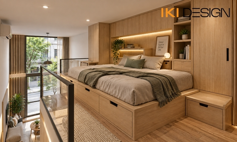 Giường kết hợp tủ trên gác lửng Giường kết hợp tủ trên gác lửng – thiết kế nhà phố có tầng lửng
