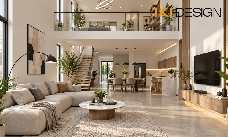 Phòng khách bếp liên thông dưới gác lửng Phòng khách bếp liên thông dưới gác lửng – thiết kế nhà phố có tầng lửng