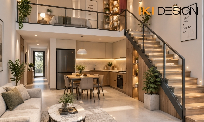 Cầu thang lên gác lửng nhà ống 2 tầng Cầu thang lên gác lửng nhà ống 2 tầng – thiết kế nhà phố có tầng lửng