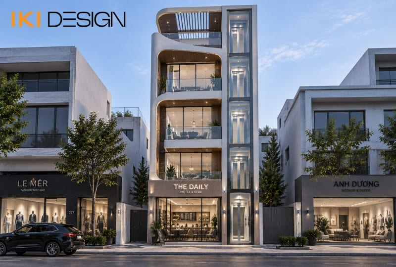 Mẫu nhà ống 5 tầng có thang máy kết hợp kinh doanh, thiết kế mặt tiền hiện đại với cửa kính lớn Mẫu nhà ống 5 tầng có thang máy kết hợp kinh doanh, thiết kế mặt tiền hiện đại với cửa kính lớn