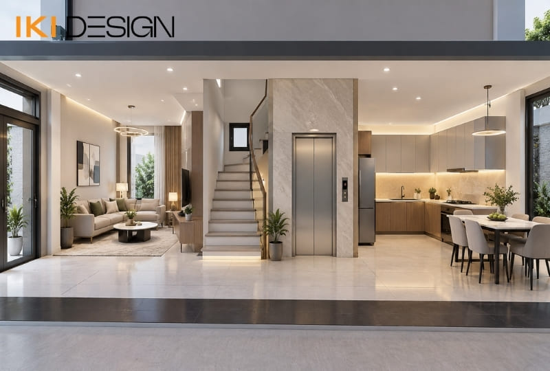Mặt bằng nhà phố 50m2 bố trí thang máy và thang bộ chung lõi giao thông trung tâm Mặt bằng nhà phố 50m2 bố trí thang máy và thang bộ chung lõi giao thông trung tâm