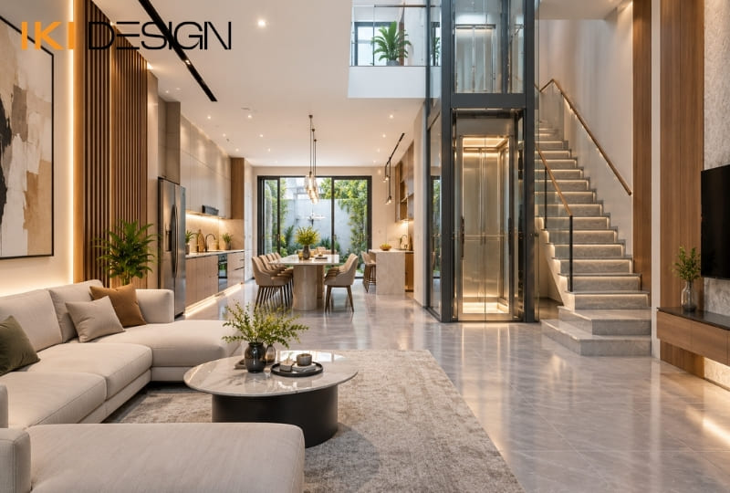 Thiết kế nhà phố 50m2 tối ưu diện tích với thang máy, cầu thang và các phòng bố trí xung quanh Thiết kế nhà phố 50m2 tối ưu diện tích với thang máy, cầu thang và các phòng bố trí xung quanh