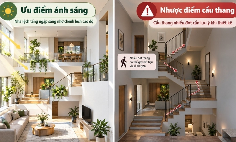 Ưu và nhược điểm cầu thang nhà lệch tầng Ưu nhược điểm của thiết kế nhà phố lệch tầng