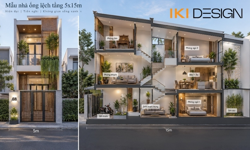 Mẫu nhà ống lệch tầng 5x15m Mẫu nhà ống lệch tầng 5x15m tối ưu công năng