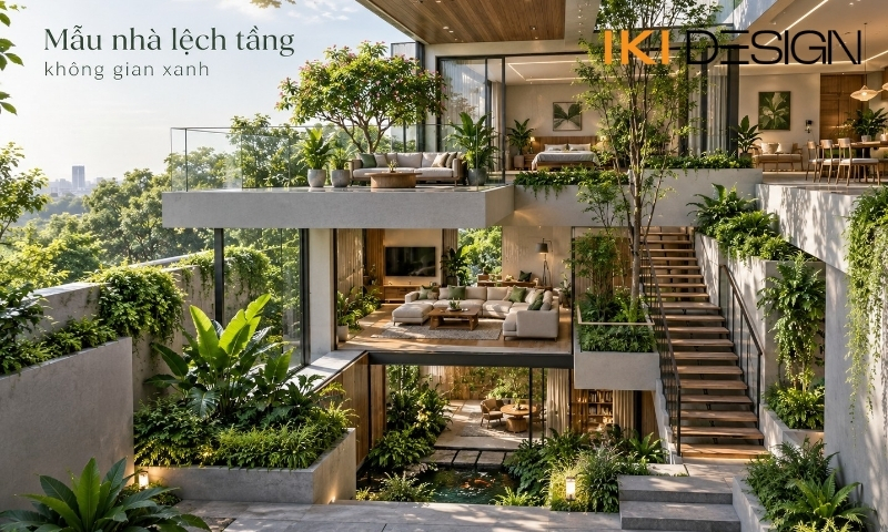 Mẫu nhà lệch tầng không gian xanh Mẫu nhà lệch tầng hiện đại kết hợp không gian xanh