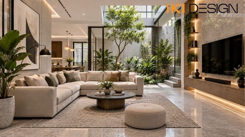 Phòng khách nhà phố kết hợp không gian xanh Phòng khách nhà phố kết hợp không gian xanh
